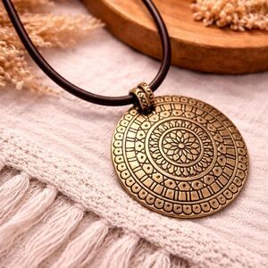 Boho Inspired Brass Embossed Medallion Pendant Necklace